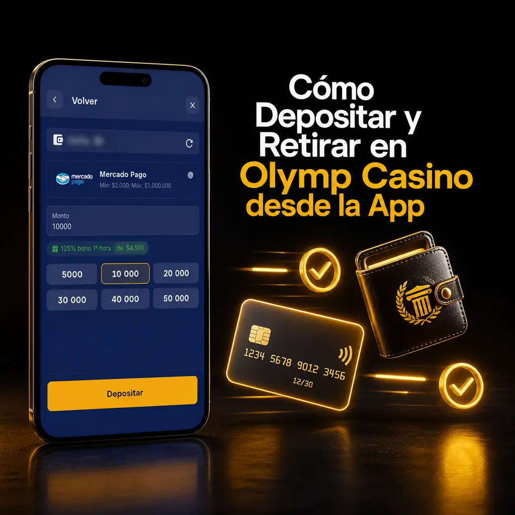 Tutorial para depositar y retirar dinero en Olymp Casino desde la app móvil usando Mercado Pago, tarjeta o criptomonedas.