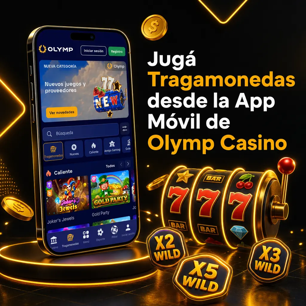 Aplicación móvil de Olymp Casino con lobby de tragamonedas, acceso táctil, login biométrico y más de 3.500 juegos disponibles.