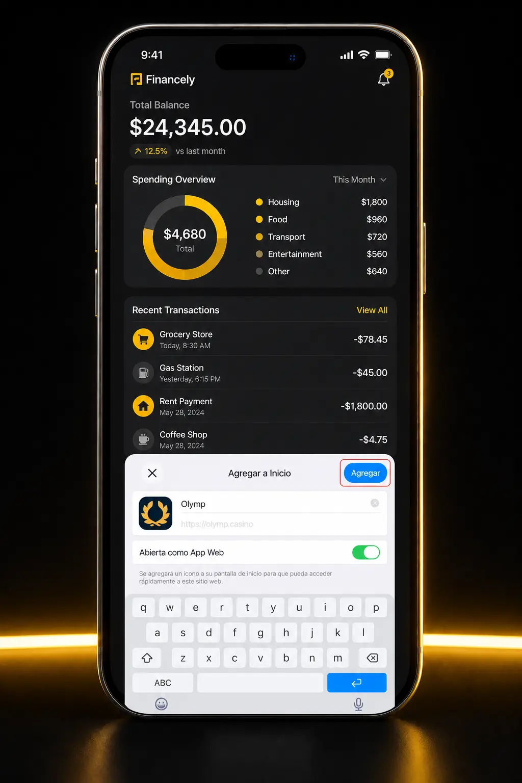 Pasos para instalar la app PWA de Olymp Casino en iOS desde Safari, guardando el acceso directo en la pantalla de inicio