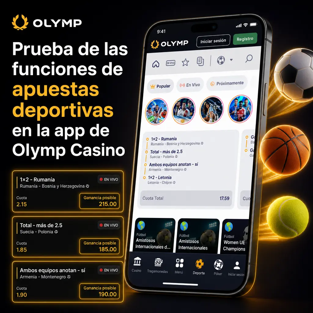 Apuestas deportivas en la app de Olymp Casino: fútbol, tenis, básquet, eSports y más con cuotas rápidas y estadísticas en vivo.